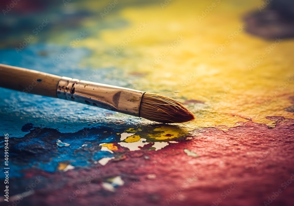 Fototapeta premium Painting with Artist Brush on Colorful Watercolor Palette for Creative Hobby