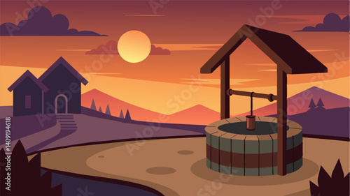 As the sun sets over the village the dry well casts a long shadow a harsh reminder of another day without clean water.. Vector illustration