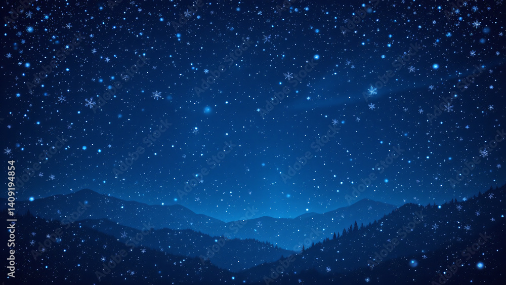 Fototapeta premium A velvety, deep blue backdrop mimicking a twilight sky, dusted with a scattering of fine, crystalline snowflakes. Subtle gradations of color suggest depth and distance.