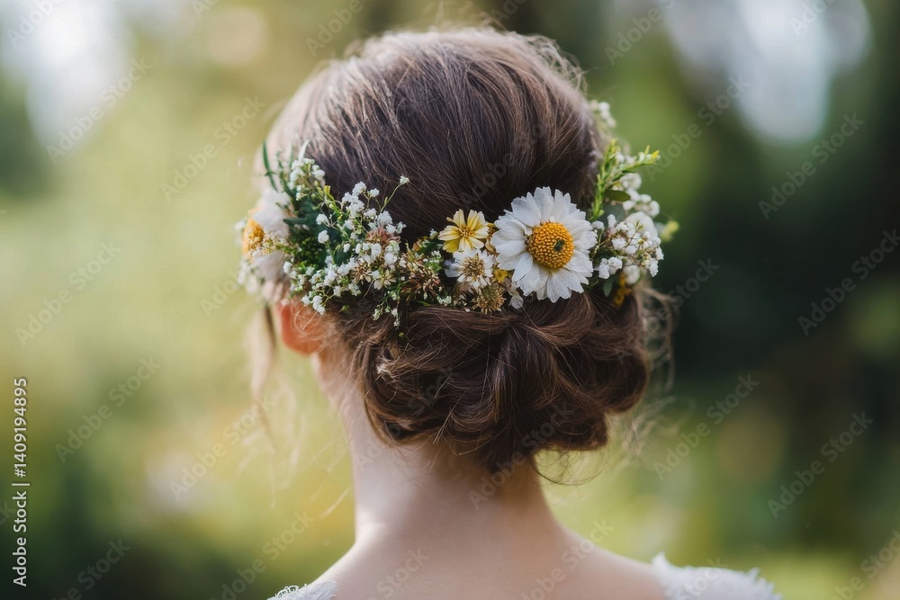 Naklejka premium Elegant floral hair crown with daisies and small white flowers, perfect for weddings or garden parties. Sophisticated and naturally beautiful style.