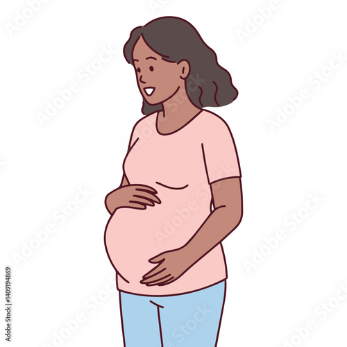 Dark-skinned pregnant woman touches her belly while standing, smiling warmly. Symbol of motherhood, prenatal health and positive pregnancy experience