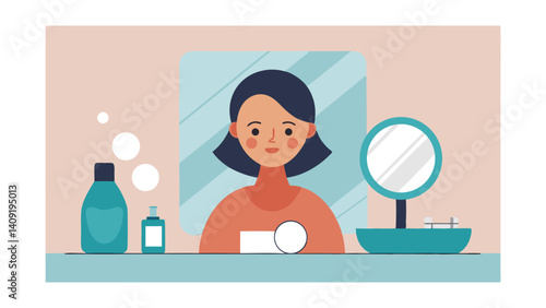 Woman Doing Skincare in Front of Mirror