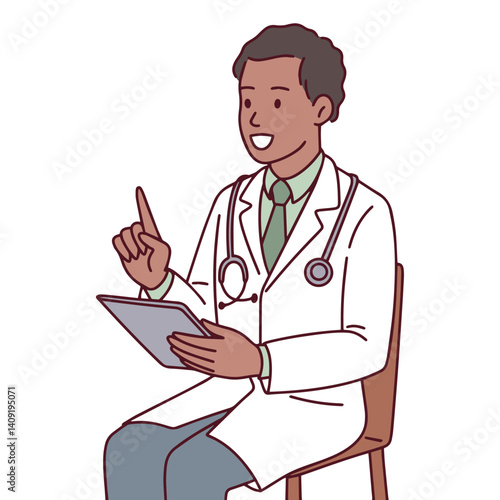 Dark-skinned male doctor sits holding a tablet and gestures while giving explanation. Scene of medical consultation, healthcare education, and patient care