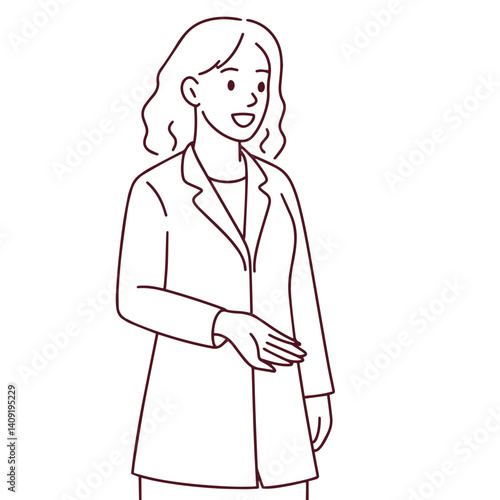 Black and white line drawing of a female doctor in lab coat. Clean and minimal medical illustration representing professionalism and clinical readiness