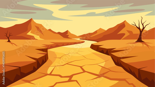 Not a single drop of water could be seen in the cracked and dusty riverbed a stark reminder of the relentless drought.. Vector illustration