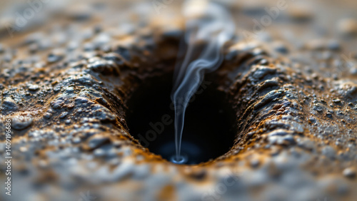 A thin, steady trickle emerging from a small opening, barely disturbing the air around it. It diffuses quickly, leaving only a faint haze that lingers for a moment before disappearing.