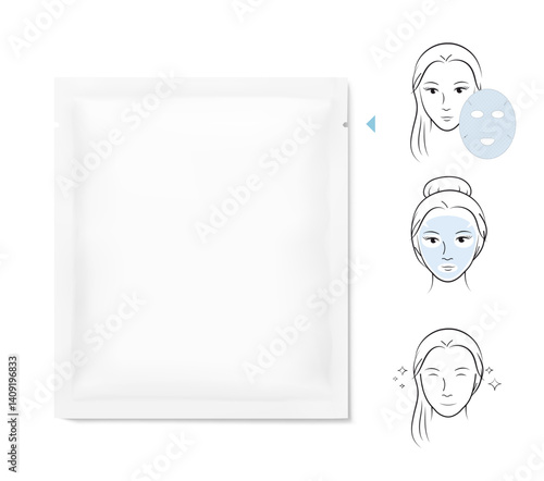 Sachet bag mockup for facial mask with set icons. Vector illustration isolated on white background. Flat lay view. Can be use for template your design, presentation, promo, ad. EPS10.