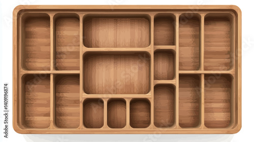 Overhead, close-up shot of a rectangular wooden tray featuring numerous compartments of varying sizes and shapes. The tray is made of light brown bamboo or similar wood