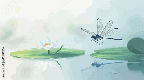 A digital painting or illustration depicting a dragonfly in flight near a water lily blossom floating on a calm pond.  The water lily is white with green leaves.  