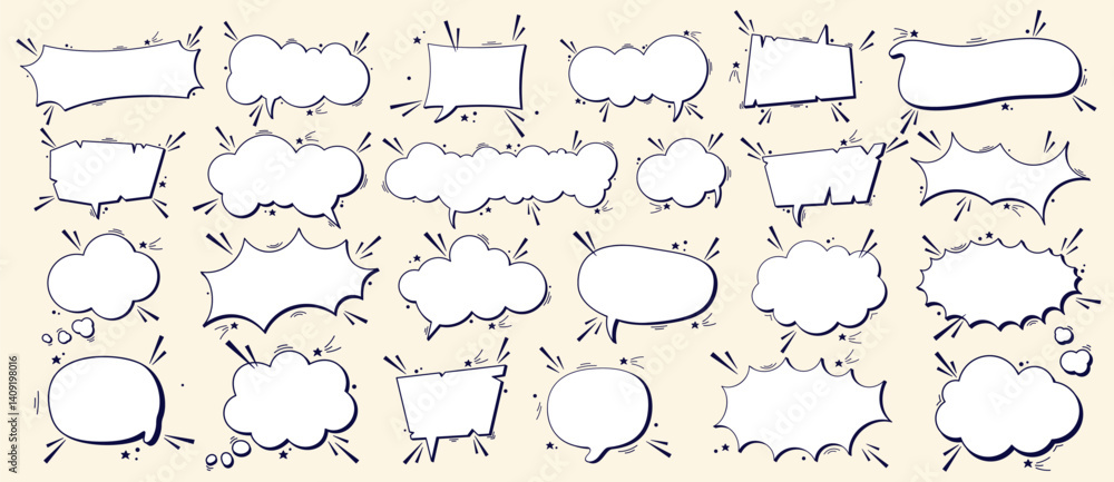 Obraz premium Big collection of empty black and white comic speech bubbles and tiny dark details.