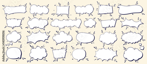 Big collection of empty black and white comic speech bubbles and tiny dark details.