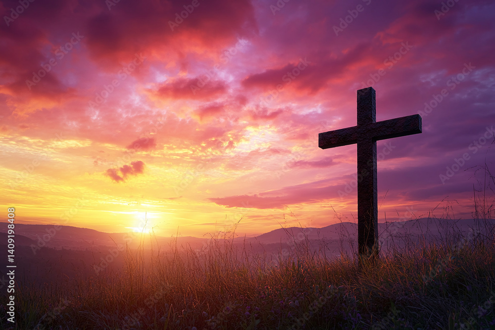 Sunrise with vibrant sky and Easter cross in silhouette, dewy field and hills create peaceful yet dramatic spring religious scene Sunrise with vibrant sky and Easter cross in silhouette, dewy field and hills create peaceful yet dramatic spring religious scene