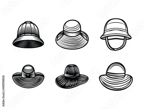 Assorted summer sun hats silhouette isolated on white background