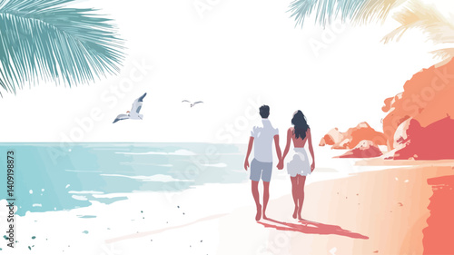 An illustration depicting a couple holding hands and walking away from the viewer on a sandy beach towards a sunset.  The style is painterly and stylized, with muted color palettes in teal