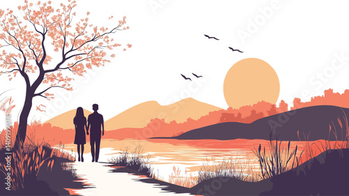 The illustration depicts a stylized landscape scene at sunset.  Two silhouetted figures, presumably a man and a woman, walk along a path towards the viewer.  A blooming tree with pink blossoms 