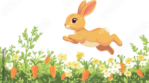 Digital illustration of a light orange bunny rabbit in mid-leap above a field of green vegetation, including carrots and daisies. The style is cartoonish and whimsical