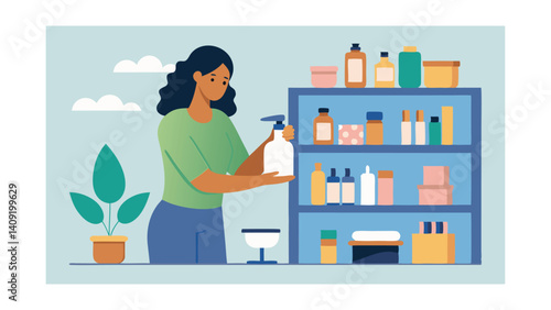 Woman Organizing Skincare on Wooden Shelf