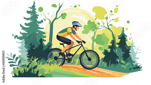 A digital illustration depicts a person mountain biking on a trail through a forest. The style is reminiscent of watercolor painting, with soft, blended colors and visible brushstrokes