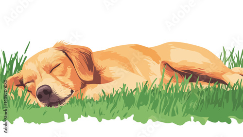 A digital painting or illustration depicts a golden retriever dog lying on its side, asleep in a bed of bright green grass. The dog is rendered in a painterly style with soft