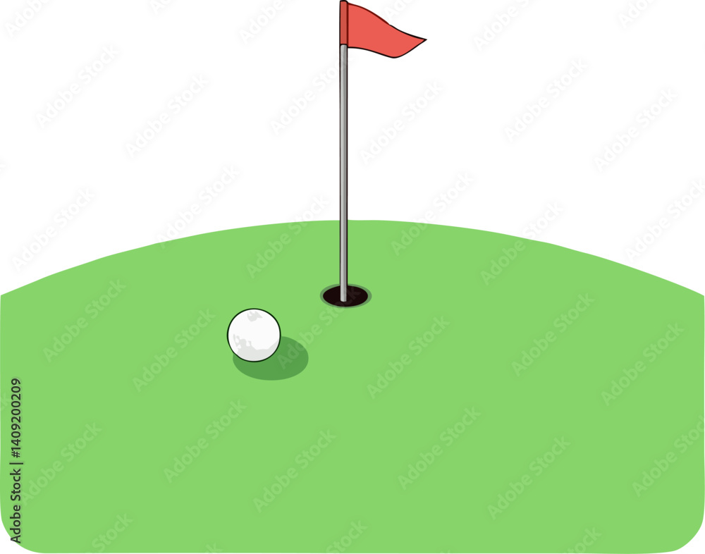 Obraz premium Vector graphic illustration of a golf course green. A flagstick with a golf ball rests on the putting surface
