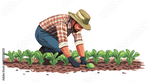 A digital illustration depicting a male farmer, wearing a plaid shirt, jeans, and a straw hat, kneeling in a field. He is tending to a row of green leafy plants growing in dark brown soil.