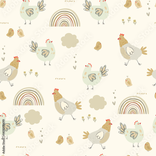 Seamless hand drawn pattern with chicken, small chiks, clouds, rainbows and hearts. Vector illustration with cute farm animals and plants