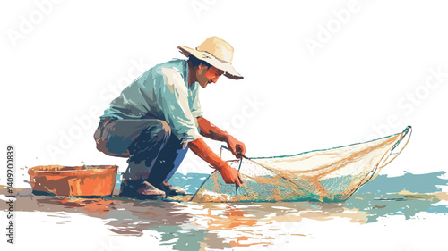 A stylized illustration depicts a man, possibly of Asian descent, squatting by the water's edge. He wears a light-colored, wide-brimmed hat and a light shirt and dark trousers. 
