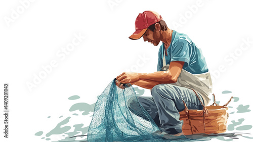 The illustration depicts a seated man, likely a fisherman, meticulously mending a fishing net. He is wearing a red cap and a blue shirt, and appears to be focused on his task