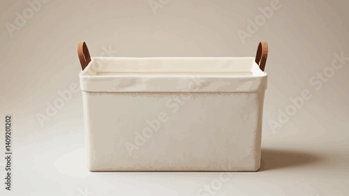 A front view studio shot of a rectangular off-white fabric storage basket with two brown leather handles.  The basket appears to be made of a light-colored canvas material. 