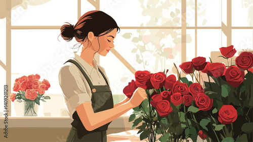 A digital painting or illustration depicting a young woman, seen from the knees up, working with a large bouquet of red roses.  She is wearing a white short-sleeved shirt and a dark green apron.