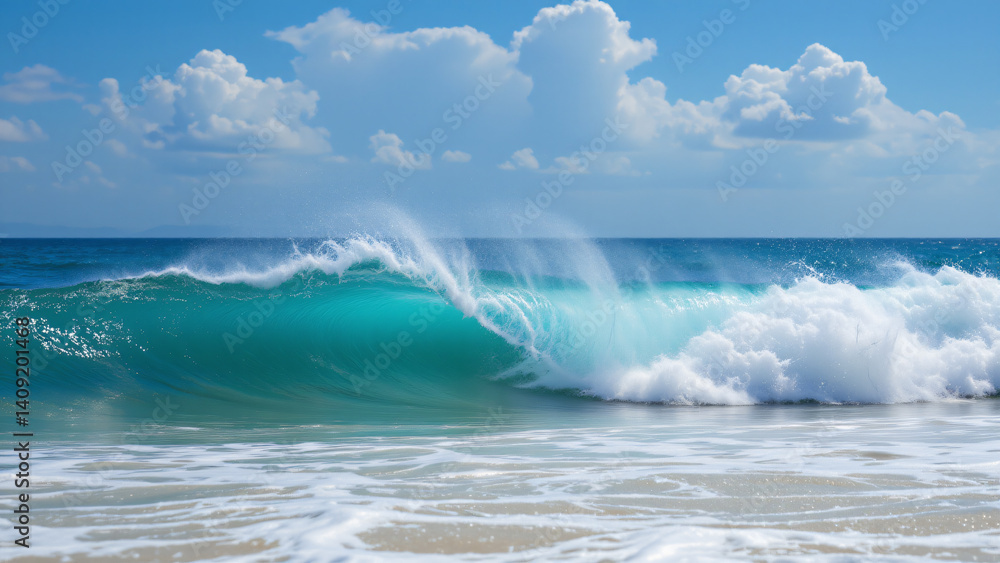 Each turquoise undulation seems to whisper as it approaches, its crest a perfect curve outlined against the vast sky