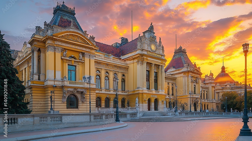 Obraz premium Historic building at sunrise, city landmark, golden hour, serene atmosphere