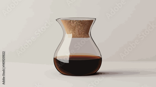 Close-up studio shot of a glass coffee brewer containing layered coffee. The brewer is transparent, showcasing distinct layers of dark coffee, a light tan middle layer