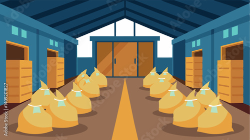The hollow emptiness of the grain sacks in the warehouse speaks volumes about the depletion of food reserves and the struggle to feed a community.. Vector illustration