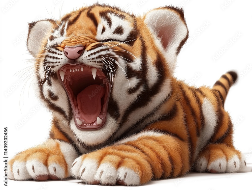 Fototapeta premium Captivating Playful Tiger Cub Roaring in Vibrant Wild Fauna - Adorable Young Predator in Nature