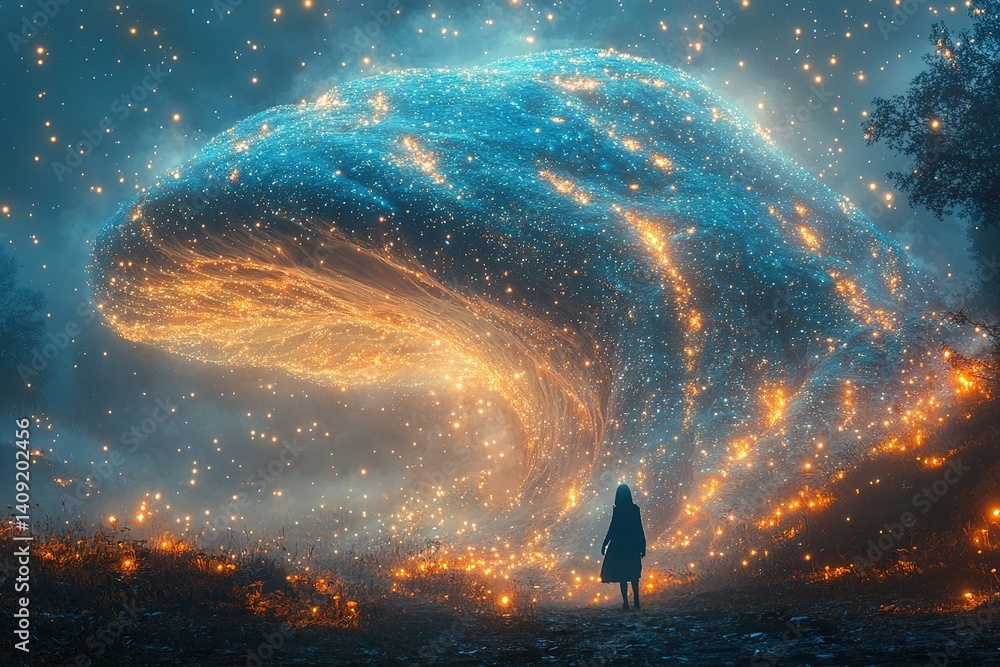 Obraz premium Person stands before a swirling cosmic entity with stars and glowing lights.