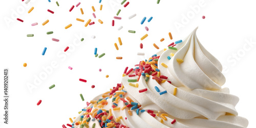 Whimsical Ice Cream: Captivating shot of soft serve ice cream adorned with vibrant sprinkles, a simple yet delightful image perfect for evoking a sense of joy and celebration.