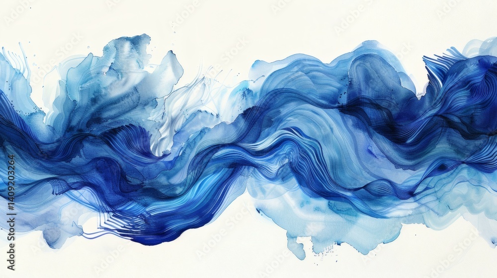 Fluid Blue Watercolor Abstract Art Background with Dynamic Wave-like Flow and Ink Splatters on White Canvas Fluid Blue Watercolor Abstract Art Background with Dynamic Wave-like Flow and Ink Splatters on White Canvas