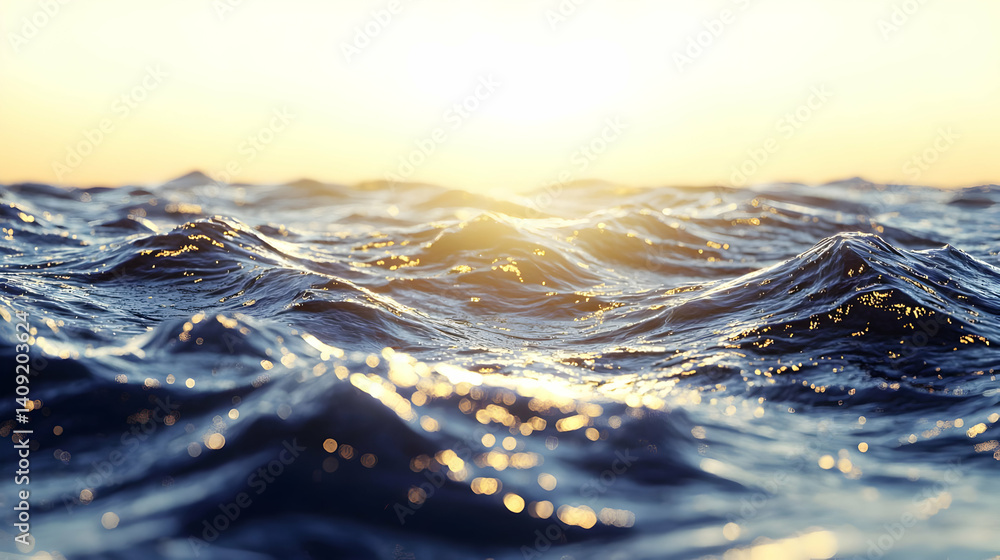 Golden sunset over a rippling ocean surface. A close-up view of gentle waves