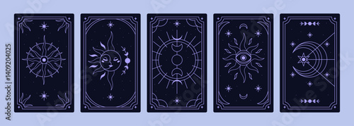 Tarot card back design. Mystic esoteric celestial backgrounds set with sacred sun, moon, crescent, star symbols, linear cosmic patterns in spiritual magic line art style. Flat vector illustration