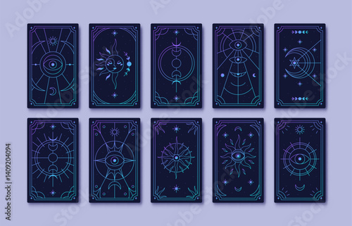 Tarot card back design with celestial symbols, crescent moon, sun, magic eye. Taro backgrounds, occult esoteric mystic line-art contoured patterns in cosmic geometric style. Flat vector illustrations