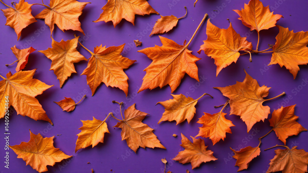 Irregular shapes and jagged edges define the silhouettes of the dried leaves. The warm tones of the orange leaves stand out against the cool undertones of the violet surface. Irregular shapes and jagged edges define the silhouettes of the dried leaves. The warm tones of the orange leaves stand out against the cool undertones of the violet surface.