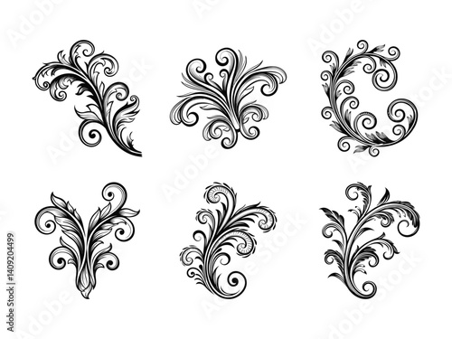 Victorian floral swirl embellishment silhouette isolated on white background