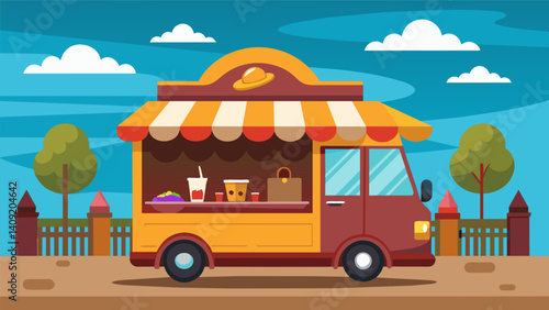 Nestled in a bustling plaza a brightlycolored food truck serves up churros drizzled in decadent dark chocolate sauce and topped with almonds.. Vector illustration