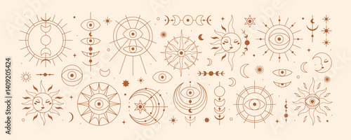 Sun, moon, lunar elements, orbits, astrology symbols set. Celestial mystic magic crescent, star in spiritual esoteric style, cosmic occult psychic line art. Isolated flat vector illustrations