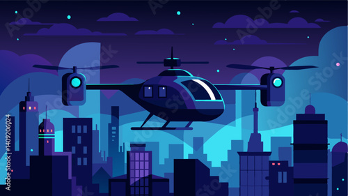 The autonomous air taxi blended into the bustling nighttime city its silent movements almost going unnoticed amidst the chaos below.. Vector illustration