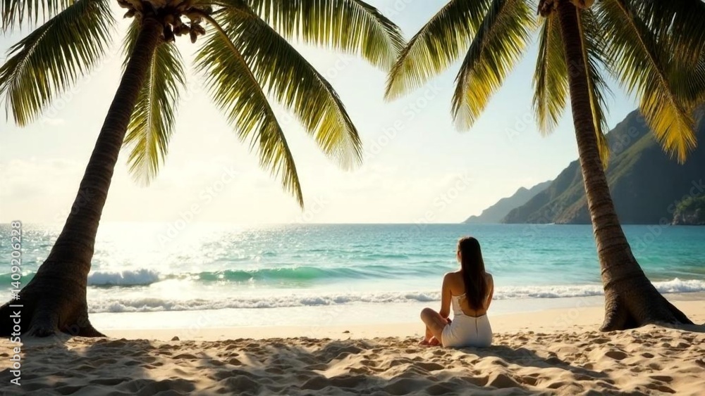Obraz premium Woman enjoys a quiet moment on a tropical beach at sunset with palm trees swaying in the gentle breeze