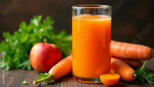 Fresh carrot and apple juice served in a glass with vegetables on a rustic wooden surface