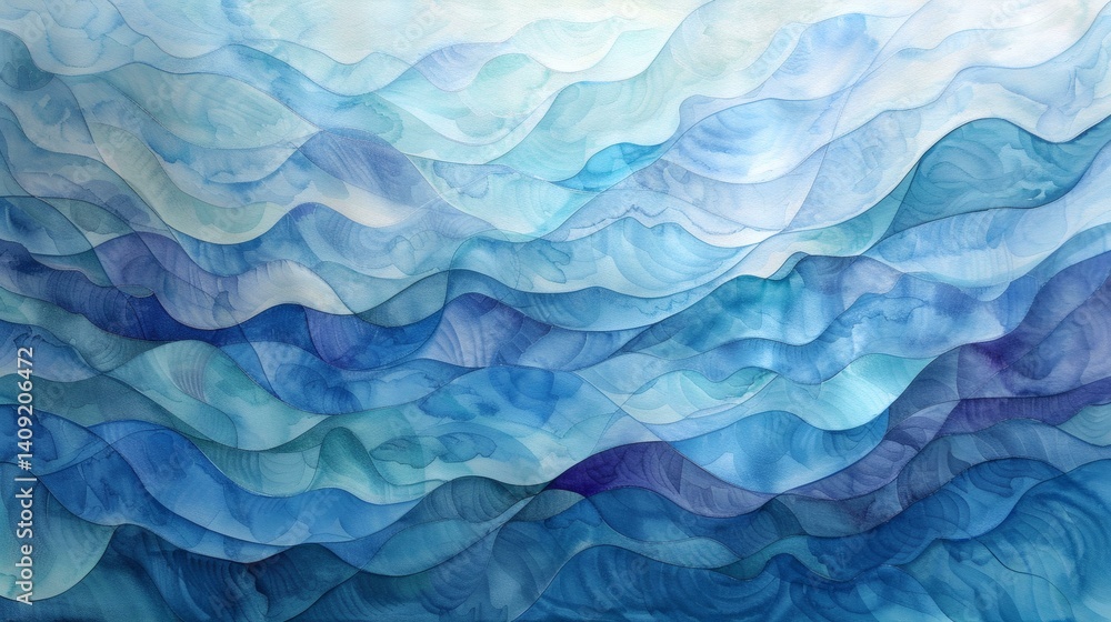 Obraz premium Serene Abstract Watercolor Waves in Gradations of Blue, Light and Shadow Effects, and Organic Fluid Design