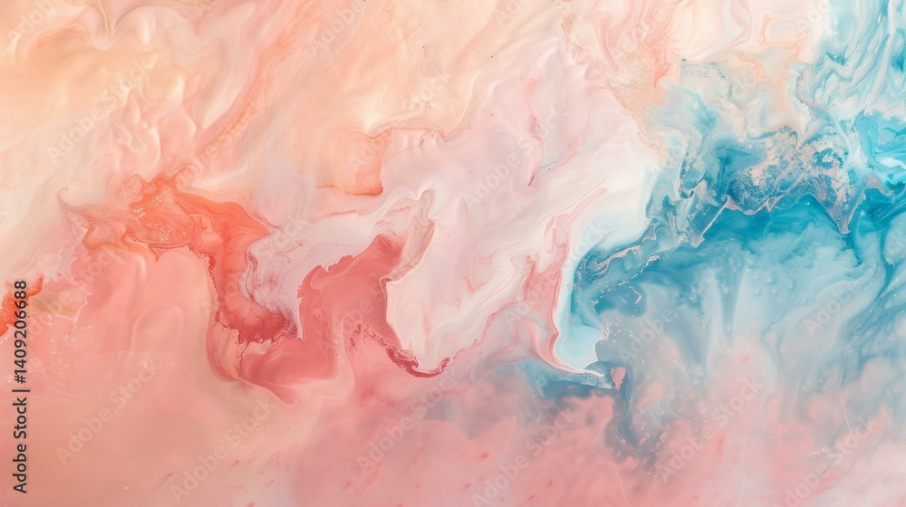 Naklejka premium Abstract watercolor background with soft pastel pink and blue hues, creating a dreamy and flowing texture.